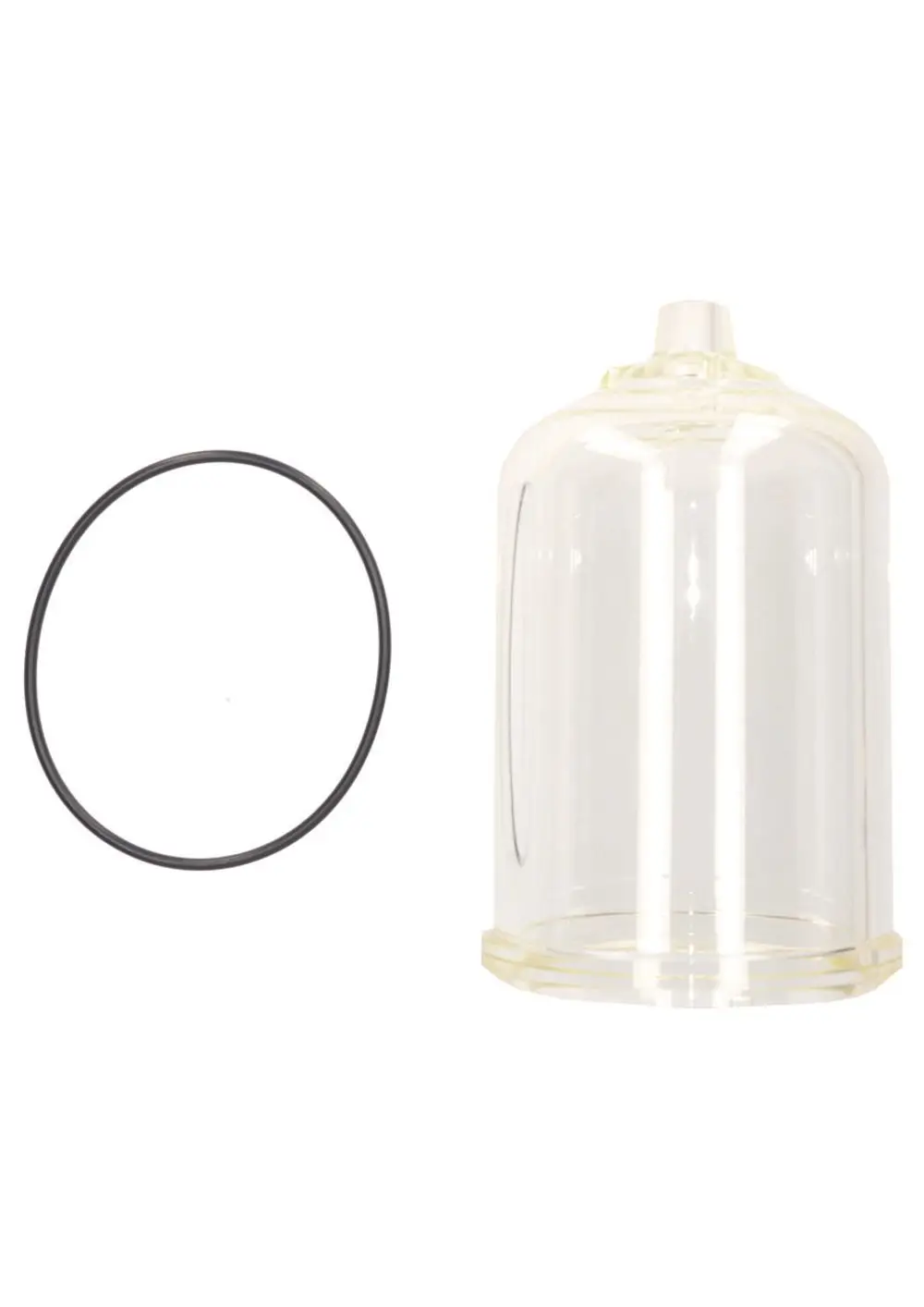 Transparente Filterglocke von Judo mit einem schwarzen Gummi O-Ring daneben, geeignet für verschiedene Anwendungen in der Wasseraufbereitung.